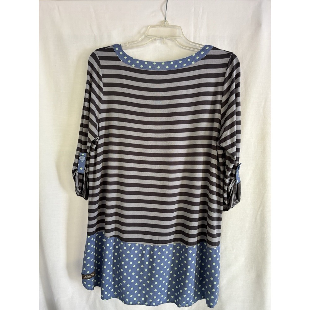 Matilda Jane Women's S Blue/Gray Striped Knit Tunic Scoop Neck Roll Tab 3/4 M - Picture 2 of 5